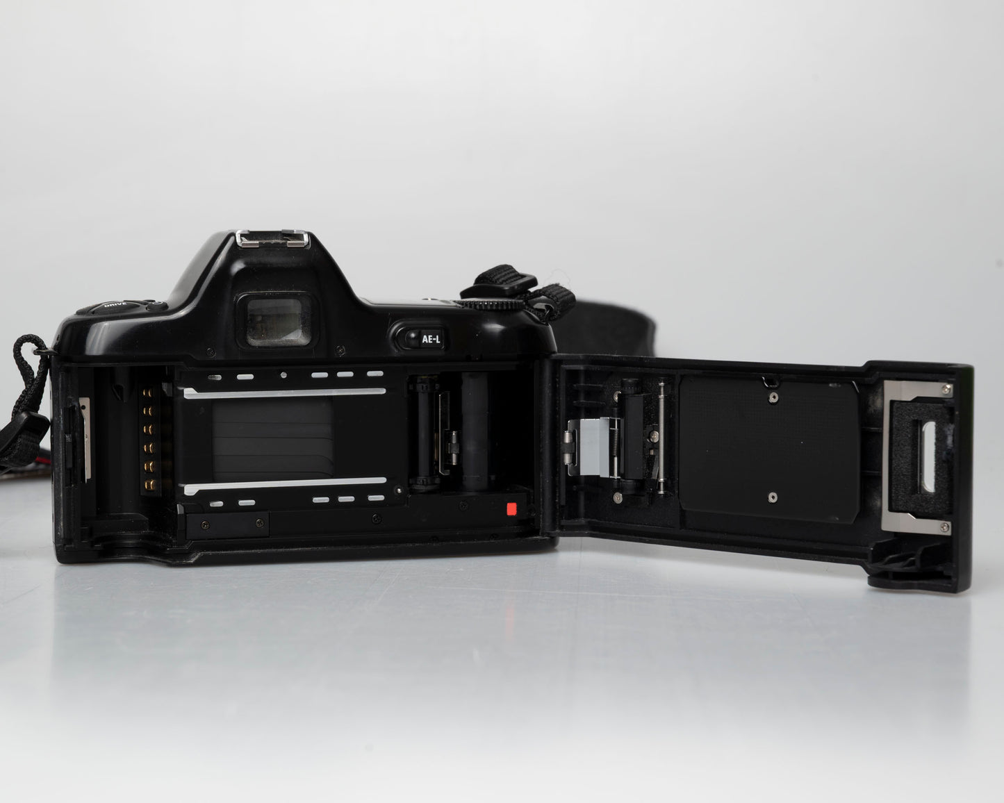 Nikon N6000 35mm film camera; back view with film door open