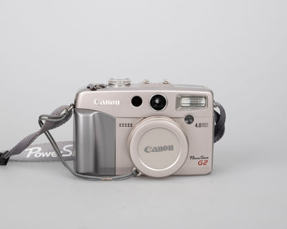 Canon Powershot G2 digicam w/ 4 MP CCD sensor; includes 256MB CF card + 2 batteries w/ charger + original box, manuals & accessories