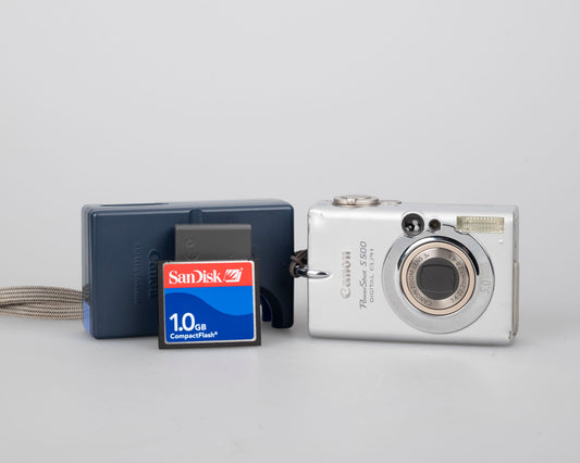 Canon Powershot S500 Digital Elph 5MP CCD digicam w/ 1GB CF card + battery + charger