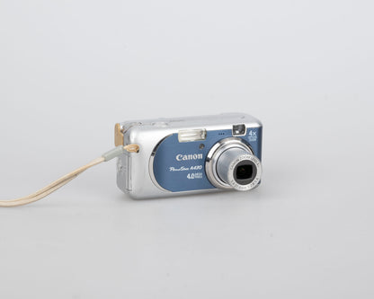 Canon Powershot A430 4MP CCD sensor digicam w/ 2GB SD + box + A/V cable (uses AA batteries)