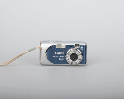 Canon Powershot A430 4MP CCD sensor digicam w/ 2GB SD + box + A/V cable (uses AA batteries)