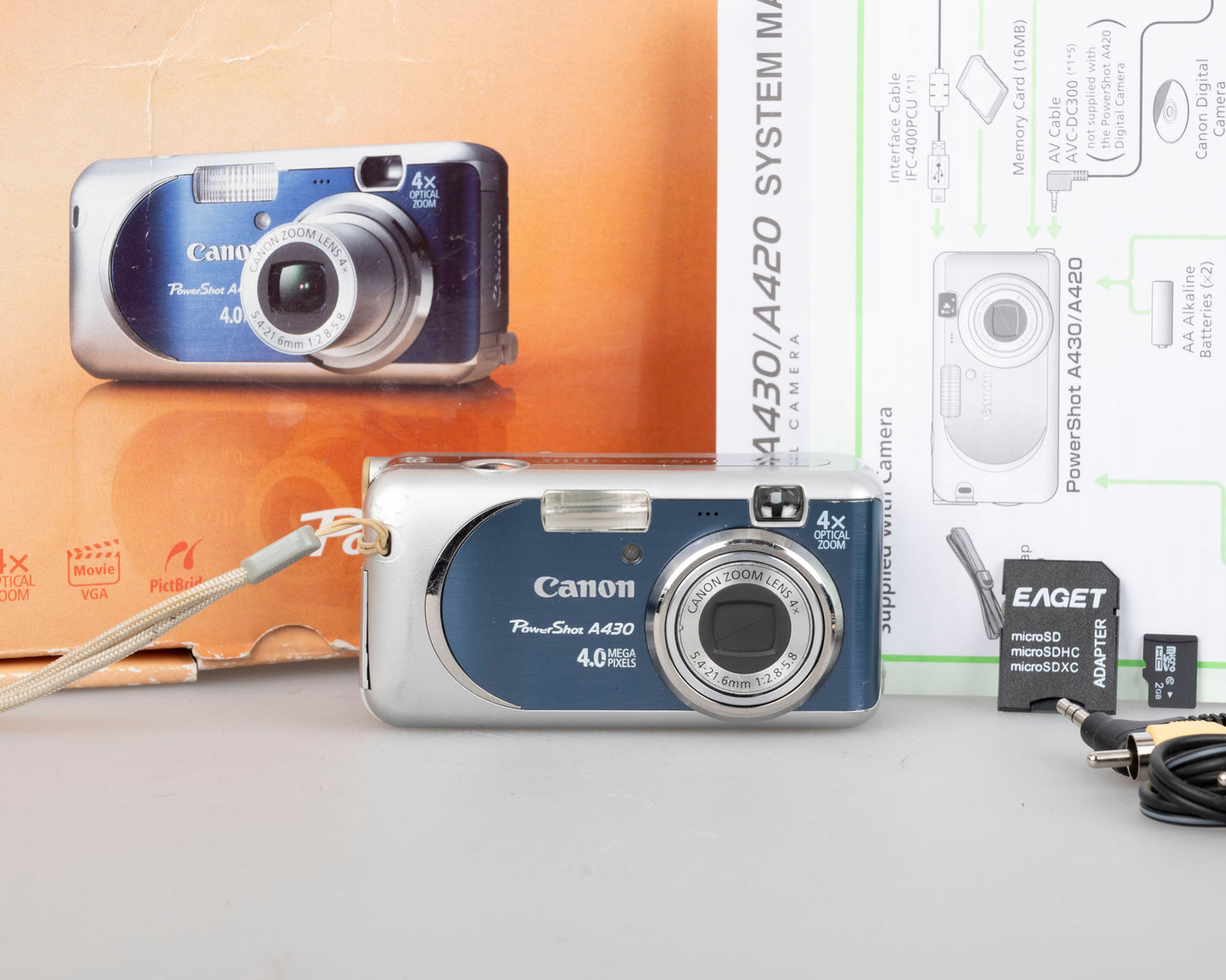 Canon Powershot A430 4MP CCD sensor digicam w/ 2GB SD + box + A/V cable (uses AA batteries)