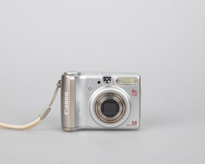 Canon Powershot A530 digicam w/ 5 MP CCD sensor; includes 512MB SD card (uses AA batteries) + original box & manual