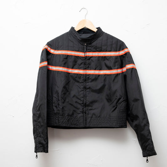 black nylon biker racer cropped jacket moto blokette safety orange stripes