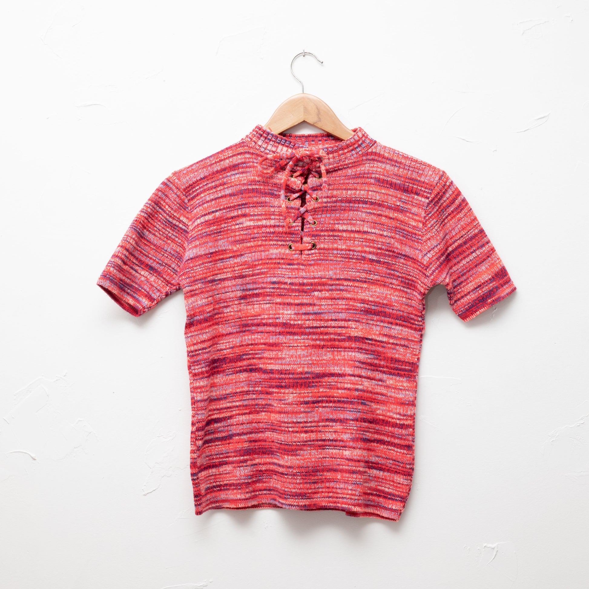 bright red space dye knit short sleeve sweater lace up women's small 