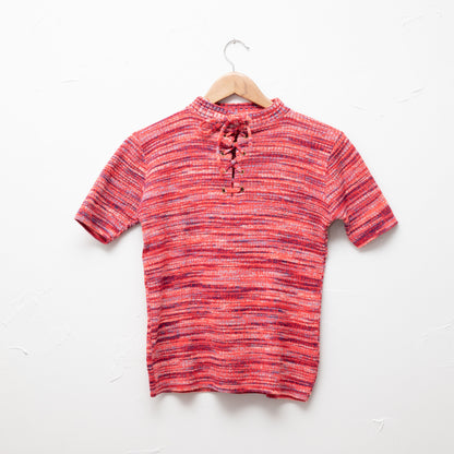 bright red space dye knit short sleeve sweater lace up women's small 