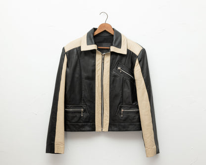 Blouson en cuir crème et noir