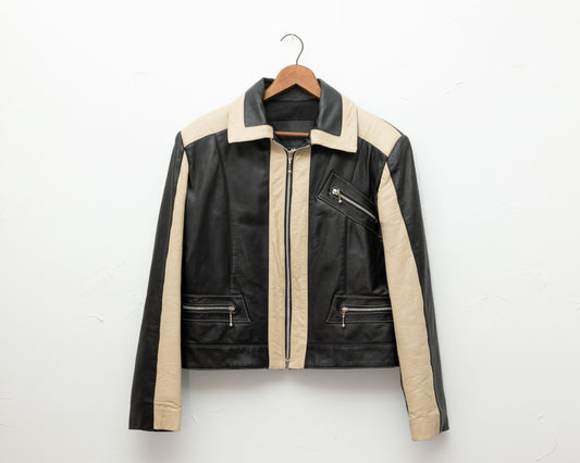 Blouson en cuir crème et noir