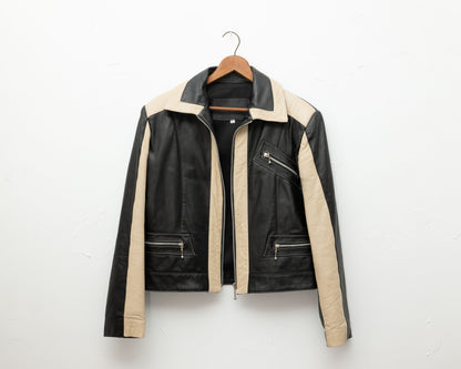Blouson en cuir crème et noir