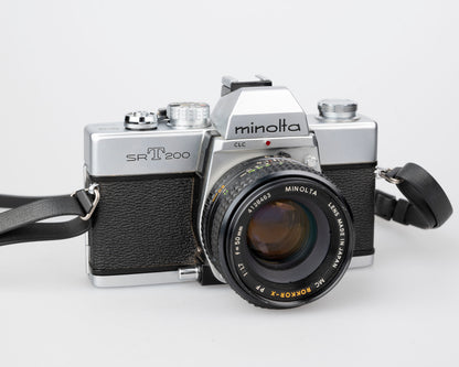 Minolta SRT 200 35mm SLR w/ Rokkor 50mm f1.7 lens + ever-ready case (serial 7527170)