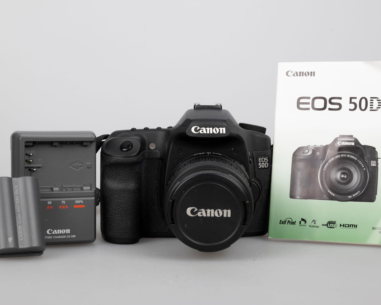 Appareil photo reflex numérique Canon EOS 50D 15,1 MP avec carte CF 32 Go + 2x batterie avec chargeur + objectif EF-S 18-55 mm f/3.5-5.6 II + manuel