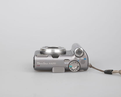 Canon Powershot A620 digicam w/ 7.1 MP CCD sensor; includes 32MB SD card (uses AA batteries)