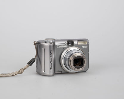 Canon Powershot A620 digicam w/ 7.1 MP CCD sensor; includes 32MB SD card (uses AA batteries)