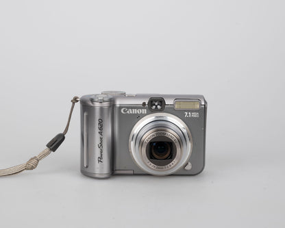 Canon Powershot A620 digicam w/ 7.1 MP CCD sensor; includes 32MB SD card (uses AA batteries)