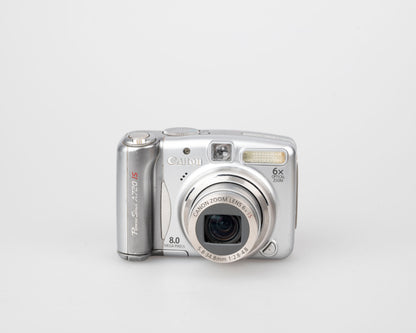 Canon Powershot A720 IS digicam w/ 8 MP CCD sensor (uses AA batteries and SD memory cards)