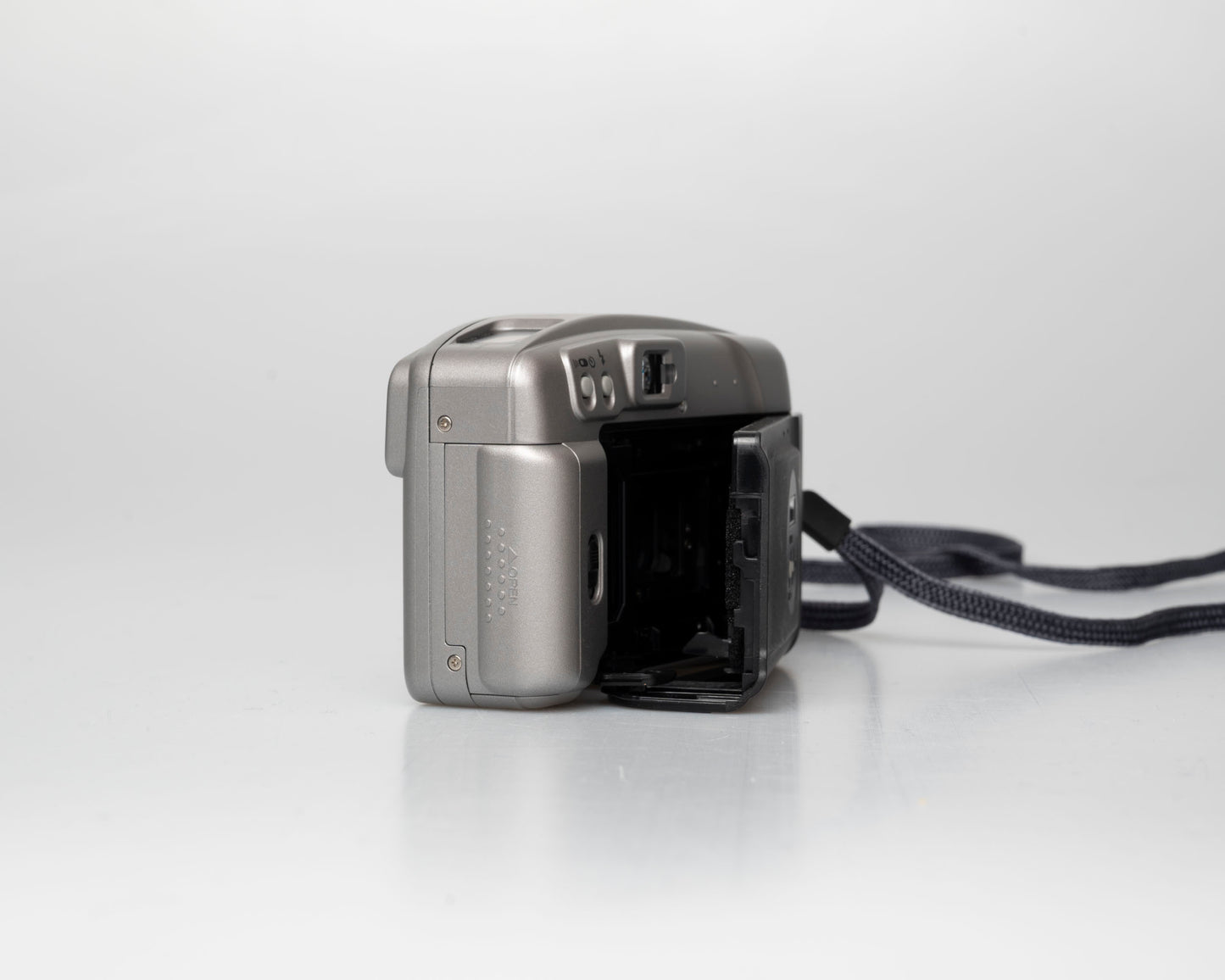 Fuji Discovery S290S Zoom 35mm point-and-shoot camera; side; film door open