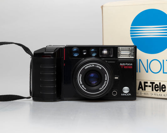 Minolta AF Tele dual lens 35mm point-and-shoot film camera w/ box (serial 58114422)