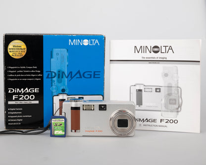 Minolta DiMage F200 4 MP CCD sensor digicam w/ 256MB SD + original box + manuals (uses AA batteries)