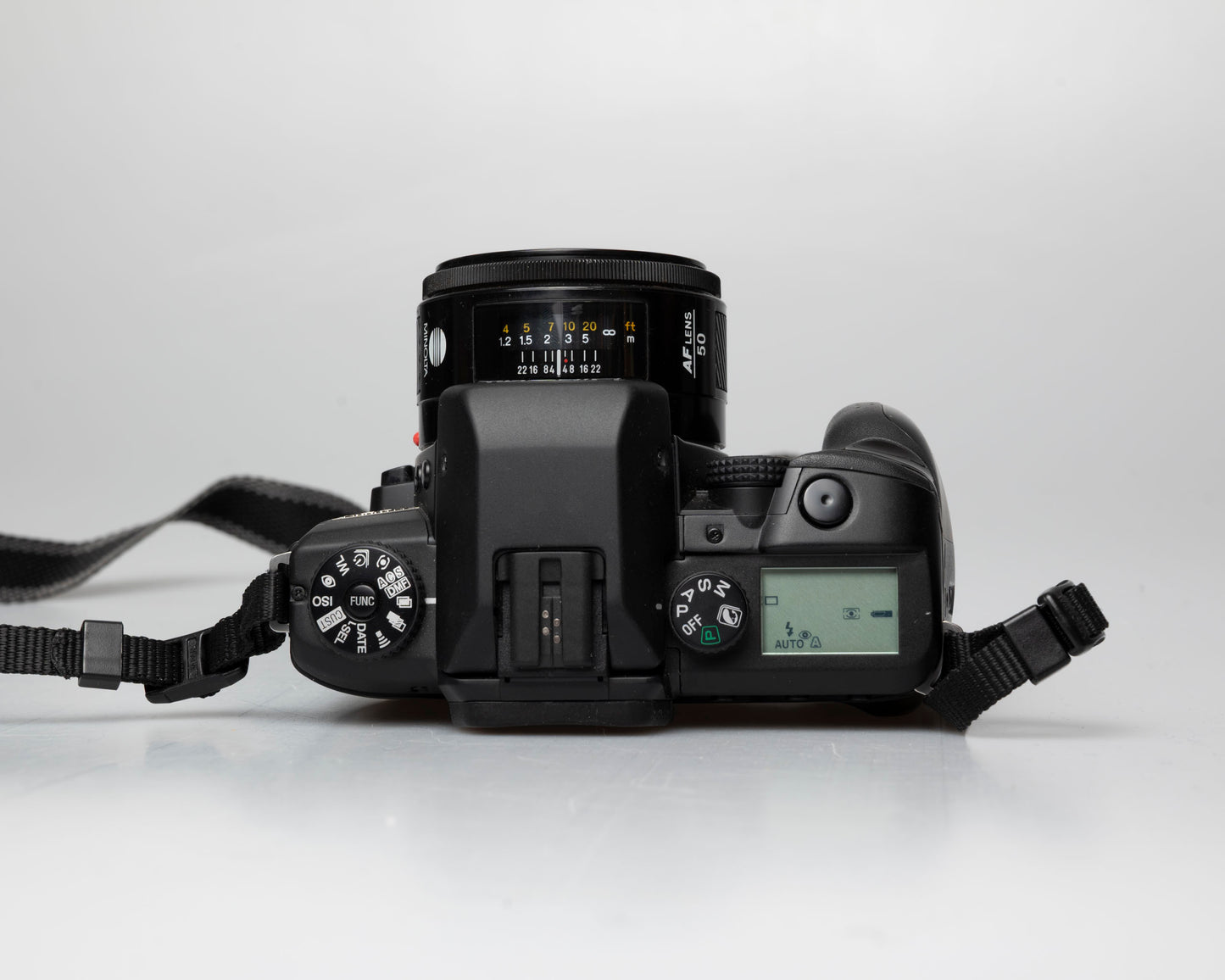 Minolta Maxxum 70 35mm film camera with 50mm f1.7 lens; top view