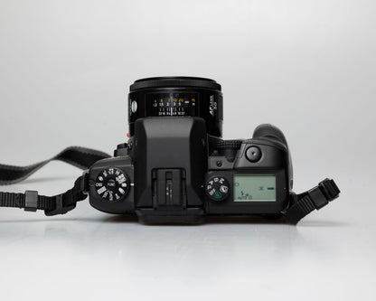 Minolta Maxxum 70 35mm film camera with 50mm f1.7 lens; top view