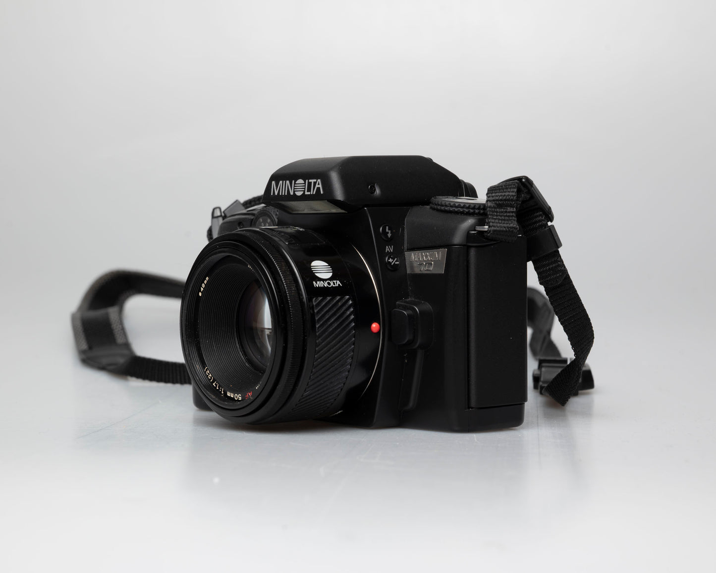 Minolta Maxxum 70 35mm film camera with 50mm f1.7 lens; front view other angle