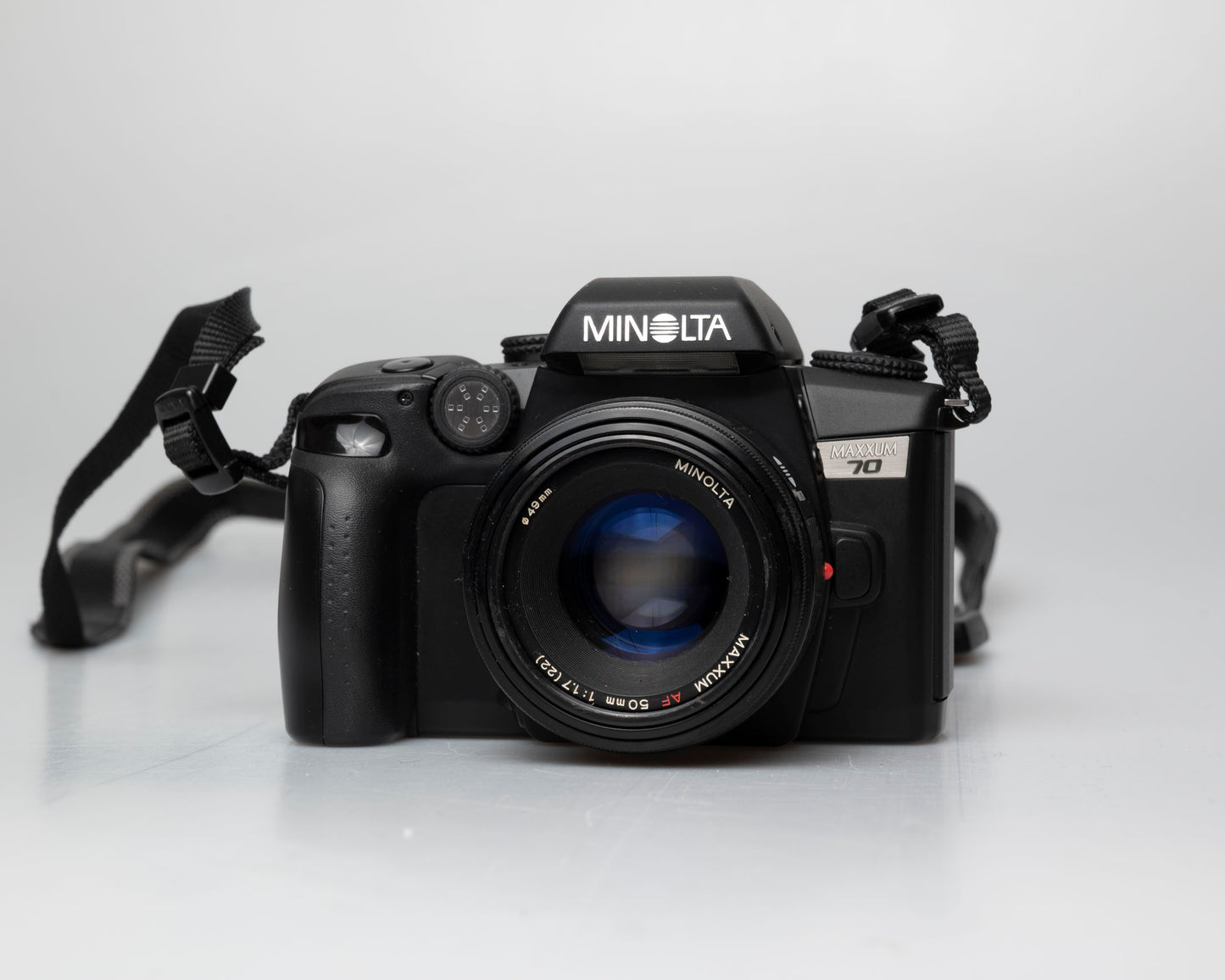 Minolta Maxxum 70 35mm film camera with 50mm f1.7 lens; front view