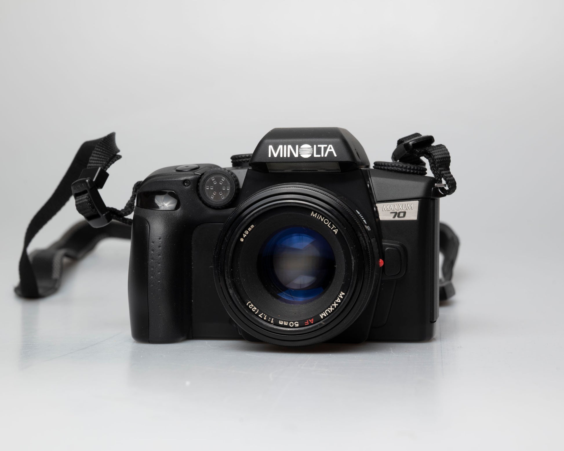 Minolta Maxxum 70 35mm film camera with 50mm f1.7 lens; front view