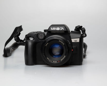 Minolta Maxxum 70 35mm film camera with 50mm f1.7 lens; front view