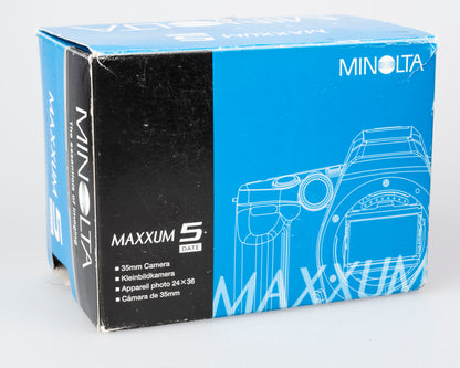 Minolta Maxxum 5 35mm SLR w/ 50mm f1.7 lens + manuals + original box