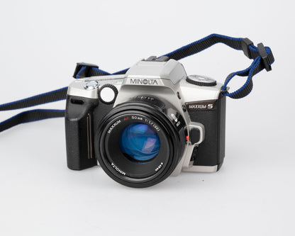 Minolta Maxxum 5 35mm SLR w/ 50mm f1.7 lens + manuals + original box