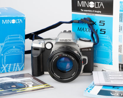 Minolta Maxxum 5 35mm SLR w/ 50mm f1.7 lens + manuals + original box