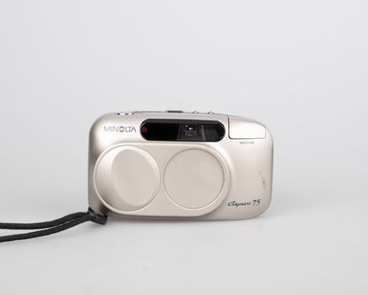 Appareil photo Minolta Capios 75 35 mm avec télécommande + étui + boîte d'origine + manuel (série 31101989)
