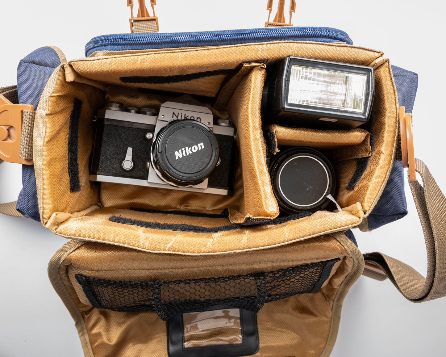 Sac photo Nikon beige et bleu de taille moyenne