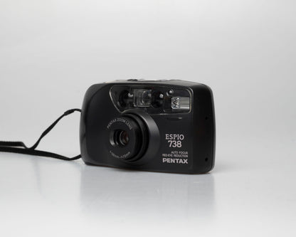 Pentax Espio 738 (aka IQZoom Ezy) compact 35mm film point-and-shoot camera; right angle view