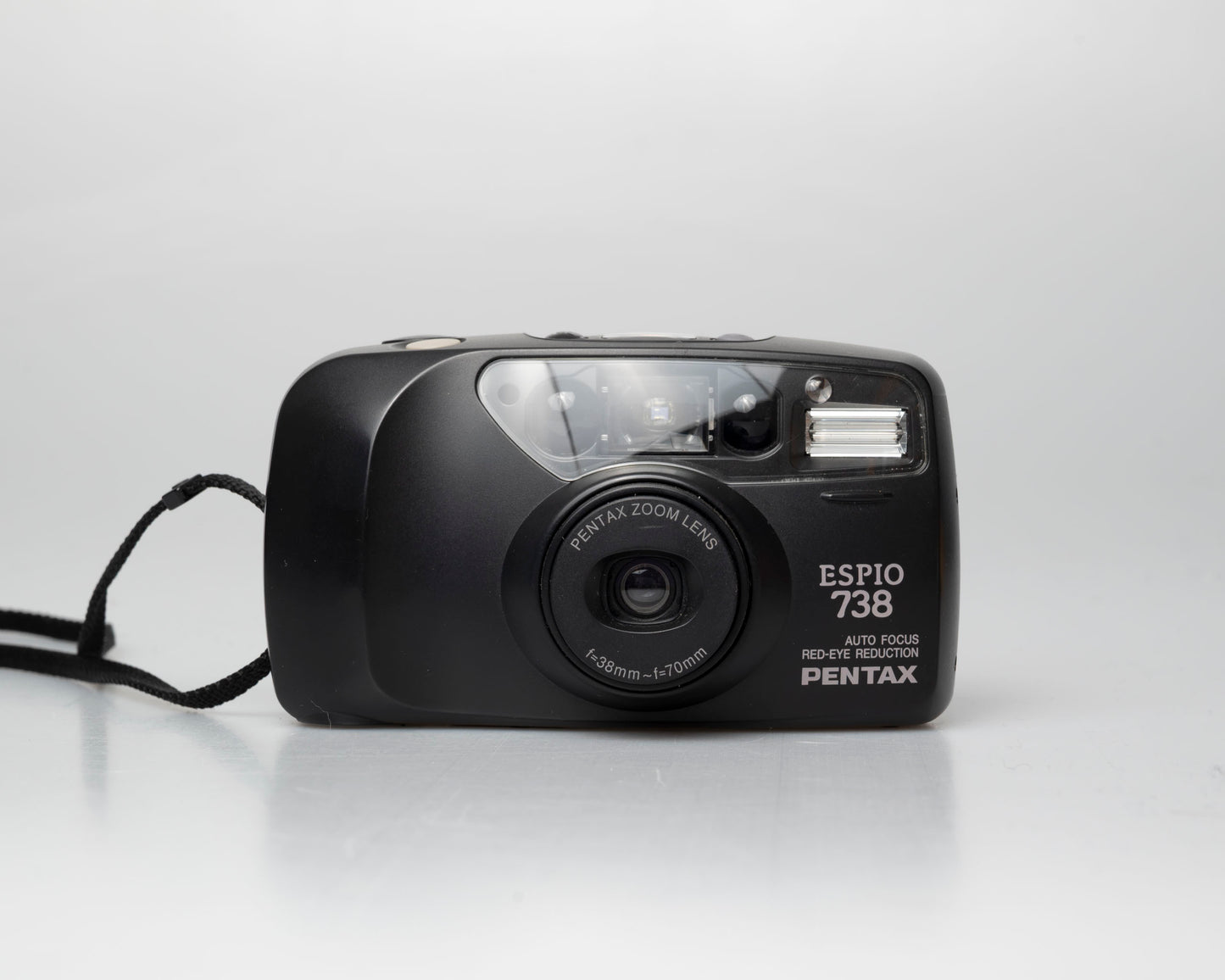Pentax Espio 738 (aka IQZoom Ezy) compact 35mm film point-and-shoot camera; front view lens cover open