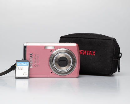 Pentax Optio E60 pink 10 megapixel digicam w/ 8GB SD card + case (serial 1168371)