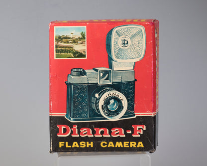 Vintage Diana F medium format camera outfit with original box and flash