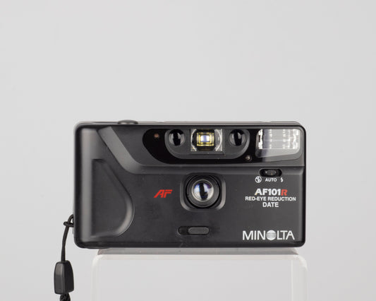 The Minolta AF101R is an elegant ultra-compact 35mm point-and-shoot camera with a 28mm wide angle lens