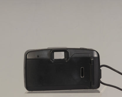 The Canon Snappy QT (back view shown)  is a 35mm film point-and-shoot camera featuring a 32mm lens and an unusually large and bright viewfinder.