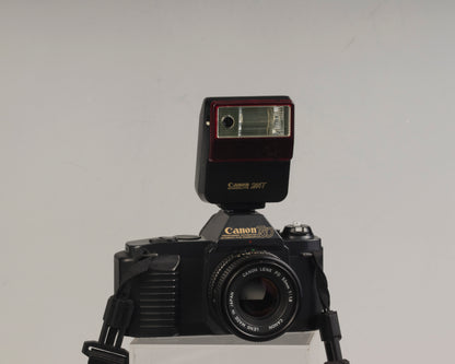 The Canon T50 35mm film SLR with the Canon FD 50mm f1.8 lens and Canon 244T Speedlite