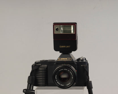 The Canon T50 35mm film SLR with the Canon FD 50mm f1.8 lens and Canon 244T Speedlite