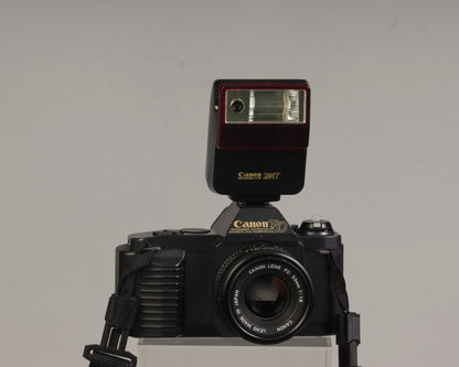 The Canon T50 35mm film SLR with the Canon FD 50mm f1.8 lens and Canon 244T Speedlite