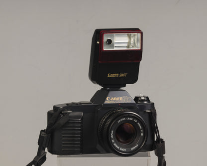 The Canon T50 35mm film SLR with the Canon FD 50mm f1.8 lens and Canon 244T Speedlite