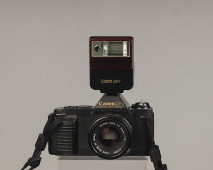 The Canon T50 35mm film SLR with the Canon FD 50mm f1.8 lens and Canon 244T Speedlite