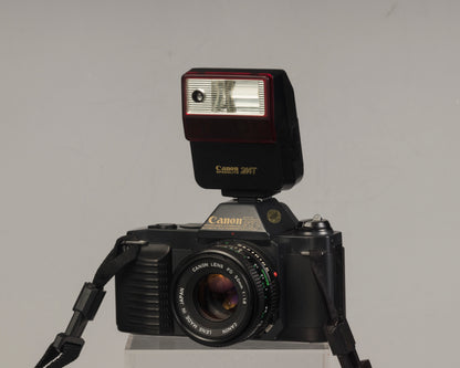 The Canon T50 35mm film SLR with the Canon FD 50mm f1.8 lens and Canon 244T Speedlite