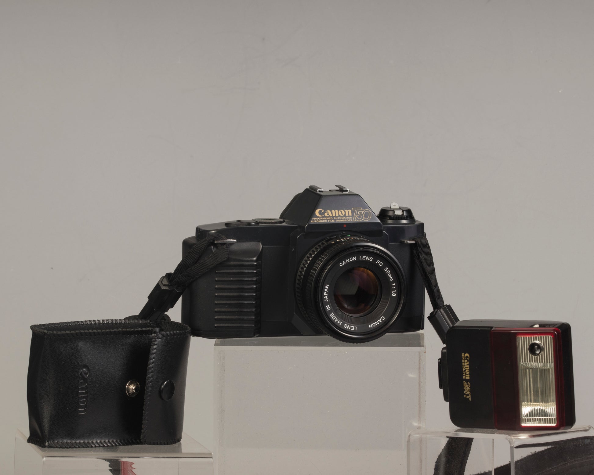The Canon T50 35mm film SLR with the Canon FD 50mm f1.8 lens and Canon 244T Speedlite