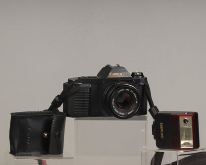 The Canon T50 35mm film SLR with the Canon FD 50mm f1.8 lens and Canon 244T Speedlite