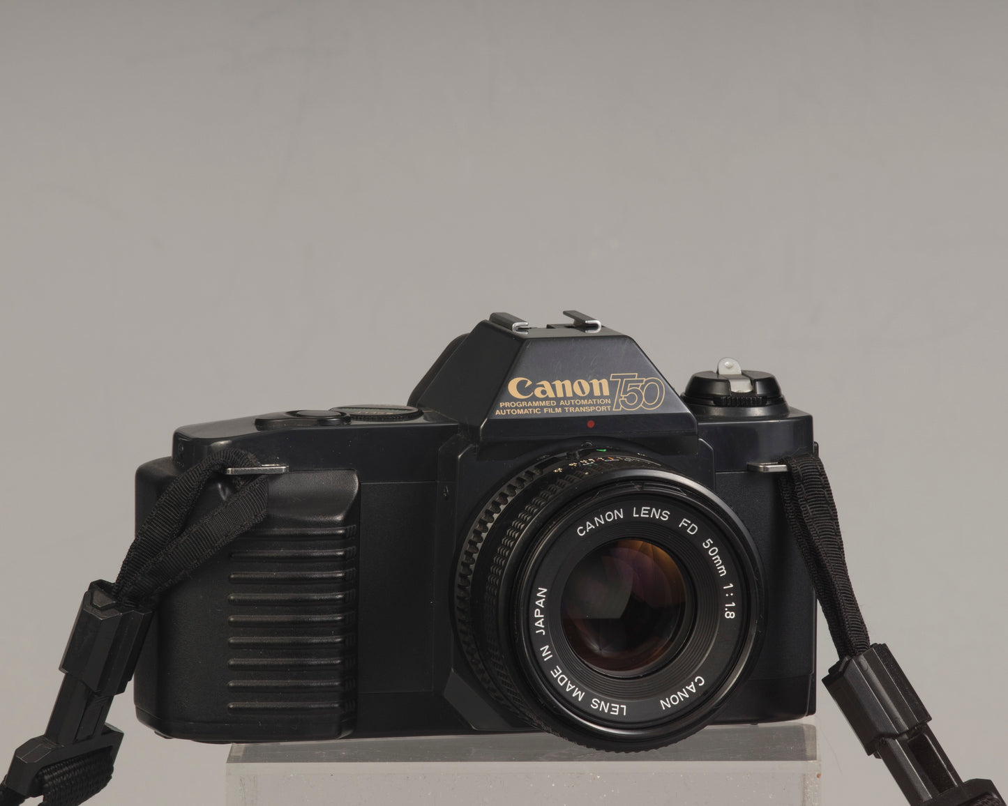 The Canon T50 35mm film SLR with the Canon FD 50mm f1.8 lens