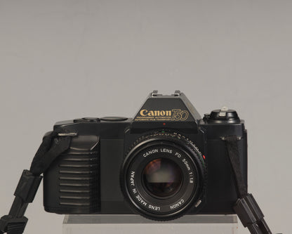 The Canon T50 35mm film SLR with the Canon FD 50mm f1.8 lens