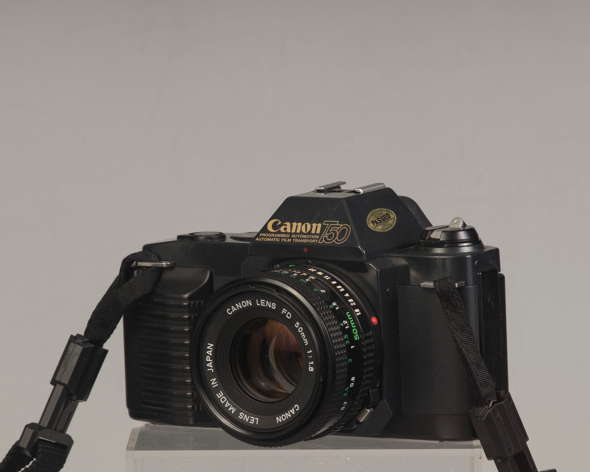 The Canon T50 35mm film SLR with the Canon FD 50mm f1.8 lens